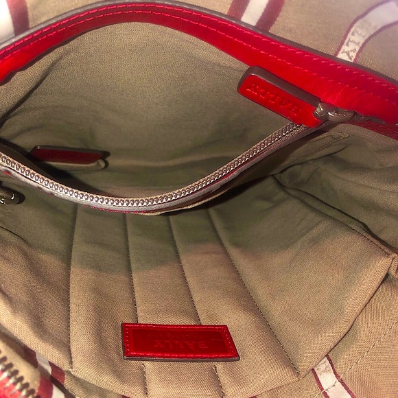 BALLY Red Leather Top Zip Messenger Shoulder Bag w/ Red White Striped Strap - Picture 9 of 17